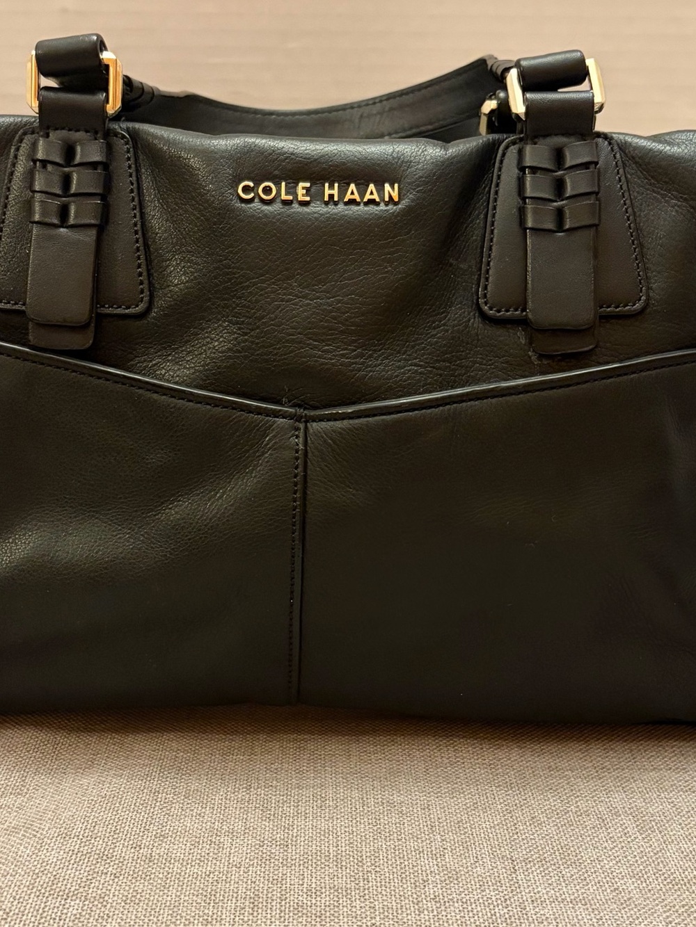 Cole Haan Black Leather Tote with Gold Hardware
